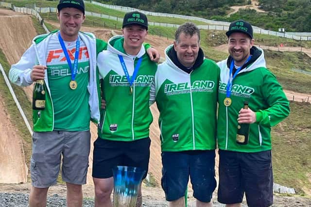 Team Ireland riders Justin Reid, Dean Dillon and Mark McLernon pictured with Gordon Gilchrist (team manager), made history as they won the Quadcross of Nations in France.