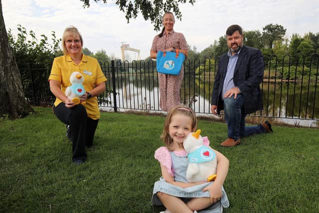 Naomi Spence, community play specialist at The Children’s Cancer Unit Charity, Sarah Milliken, leader of Talent & Culture Aflac Northern Ireland, Fay McEvoy (age 6) and Keith Farley, managing director Aflac Northern Ireland