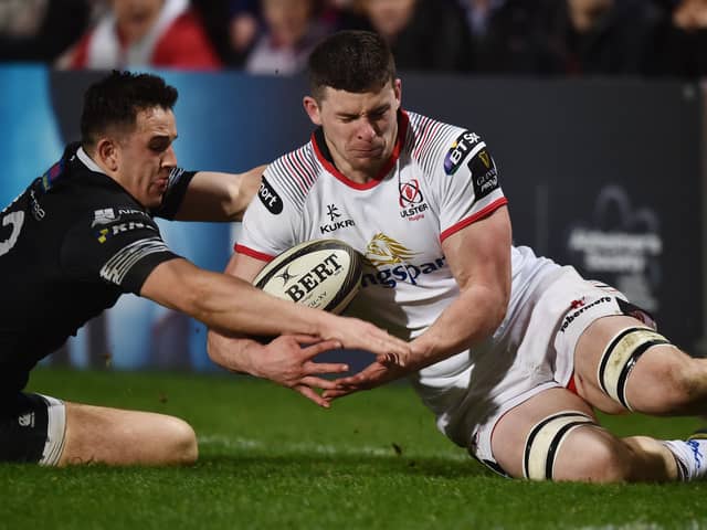 BELFAST, NORTHERN IRELAND - APRIL 13: Nick Timoney of Ulster is denied a try by Owen Watkin of Ospreys during the Guinness Pro14 rugby game at Kingspan Stadium on April 13, 2018 in Belfast, Northern Ireland. (Photo by Charles McQuillan/Getty Images)