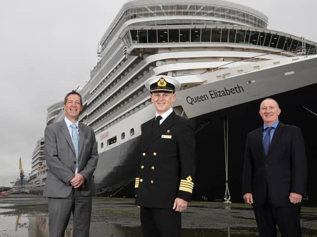 Michael Robinson Port Director at Belfast Harbour, Captain Stephen Howarth and Gerry Lennon, CEO of Visit Belfast