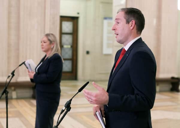 First Minister Paul Givan and Deputy First Minister Michelle O'Neill pictured today at Stormont press call
