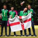 Northern Ireland’s Ian McClure, Adam McKeown, Sam Barkley and Martin McHugh pose on for a photograph after winning a gold medal during Men's Fours Lawn Bowls - medal ceremony at Victoria Park on day nine of the 2022 Commonwealth Games in Birmingham