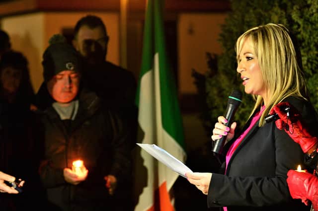 Michelle O’Neill in 2017 at a commemoration for four IRA terrorists killed at Clonoe in 1992