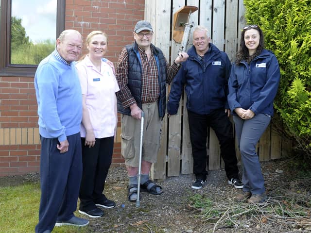 From left: Lisnisky Care Home resident Bob Richardson, Julie-Ann McStravick, personal activities leader, resident David Duprey, Peter Harper, shoreline environment officer, Lough Neagh Partnership and Ciara Laverty, Lough Neagh Partnership ranger with one of the bird feeders and cameras installed at Lisnisky Care home