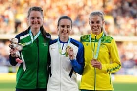 Scotland’s Laura Muir with her Gold Medal (centre) Northern Ireland’s Ciara Mageean (left) with her Silver Medal and Australia’s Abbey Caldwell with her Bronze Medal after the Women’s 1500m Final at Alexander Stadium on day ten of the 2022 Commonwealth Games in Birmingham