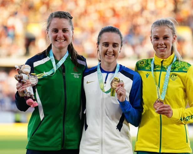 Scotland’s Laura Muir with her Gold Medal (centre) Northern Ireland’s Ciara Mageean (left) with her Silver Medal and Australia’s Abbey Caldwell with her Bronze Medal after the Women’s 1500m Final at Alexander Stadium on day ten of the 2022 Commonwealth Games in Birmingham