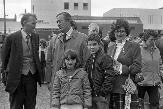 Mr William Fullerton, Ulster Farmers’ Union president, and his wife Helen, daughter Kay and son William, were among the visitors to the Enniskillen (Fermanagh) Show in August 1982. On the left is Mr Tom Armstrong from Kilskerry. Picture: Farming Life/News Letter archives