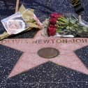 Flowers adorn Olivia Newton-John's Hollywood Walk of Fame star in Los Angeles, Monday, Aug. 8, 2022. Newton-John, the Grammy-winning superstar who reigned on pop, country, adult contemporary and dance charts with such hits as "Physical" and "You're the One That I Want" has died. She was 73. (AP Photo/Damian Dovarganes)