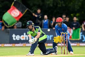 Andrew Balbirnie of Ireland and Afghanistan wicketkeeper Rahmanullah Gurbaz during the Men's T20 International match between Ireland and Afghanistan at Stormont in Belfast. Photo by Ramsey Cardy/Sportsfile