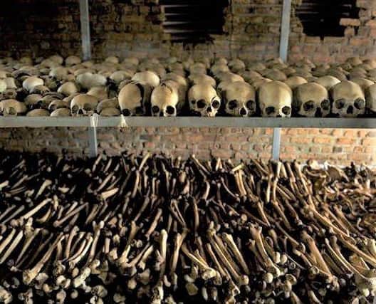 Skulls and bones at the Nyamata memorial, one of several memorial sites