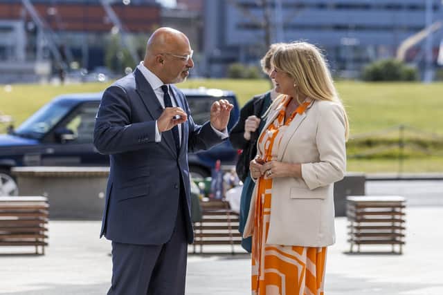 Chancellor Nadhim Zahawi, with CEO Judith Owens, at Titanic Belfast, during a visit to Belfast to discuss the cost-of-living. Photo: Liam McBurney/PA Wire
