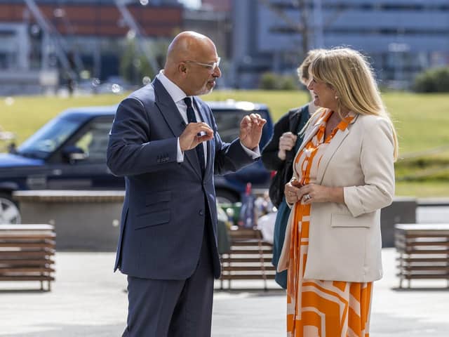 Chancellor Nadhim Zahawi, with CEO Judith Owens, at Titanic Belfast, during a visit to Belfast to discuss the cost-of-living. Photo: Liam McBurney/PA Wire
