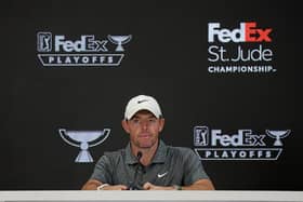 Rory McIlroy speaks with the media during the pro-am prior to the FedEx St. Jude Championship at TPC Southwind