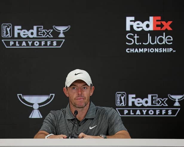 Rory McIlroy speaks with the media during the pro-am prior to the FedEx St. Jude Championship at TPC Southwind