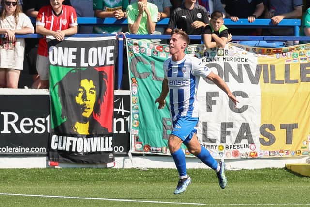 Evan McLaughlin celebrates his second goal of the game against Cliftonville