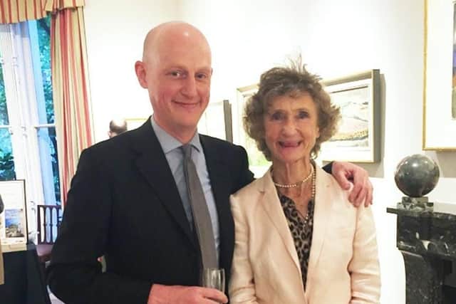 The journalist Harry Mount, current editor of The Oldie and the author of this interview with Thomas Pakenham, seen with his godmother Lindy Guinness in 2016. It was taken at her London house to celebrate an exhibition of her Clandeboye landscape paintings, a biography of the 1st Marquess (The Lost Imperialist by Andrew Gailey) and a book by Harry Mount called Odyssey