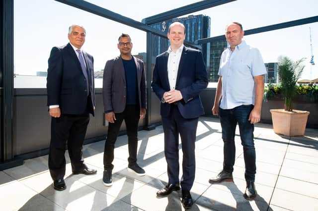 Mel Chittock, interim CEO, Invest NI, Jyoti Bansal, Co-founder and CEO, Harness Inc, Economy Minister Gordon Lyons and Nick Smyth, VP of Engineering and Belfast site lead, Harness Inc