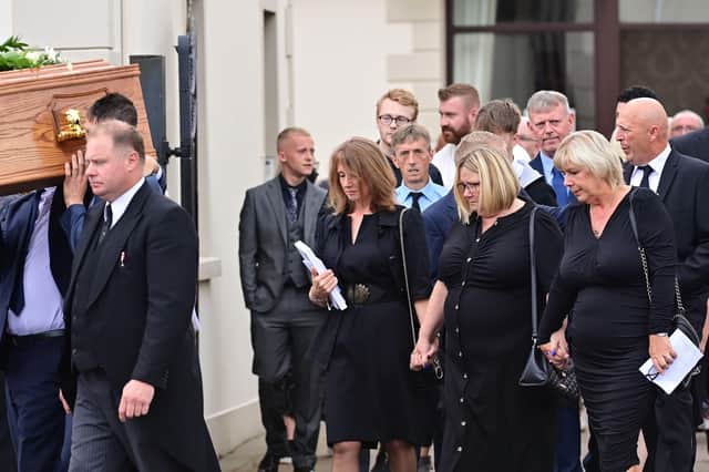 PACEMAKER PRESS 15-08-22 
Family and Friends during the Funeral of  Murder victim Victor Hamilton at S&J Irvine Funeral Home in Carrickfergus on Monday.
Mr Hamilton (63) was found outside his home at Orkney Drive in Ballymena  on July 26.
Pic Colm Lenaghan/Pacemaker