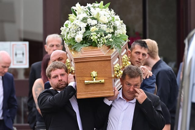 PACEMAKER PRESS 15-08-22 
Family and Friends during the Funeral of  Murder victim Victor Hamilton at S&J Irvine Funeral Home in Carrickfergus on Monday.
Mr Hamilton (63) was found outside his home at Orkney Drive in Ballymena  on July 26.
Pic Colm Lenaghan/Pacemaker