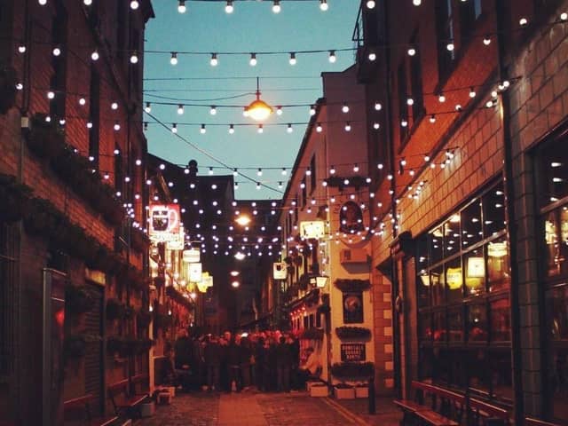 Nightlife in the Cathedral Quarter of Belfast, home to numerous pubs and restaurants