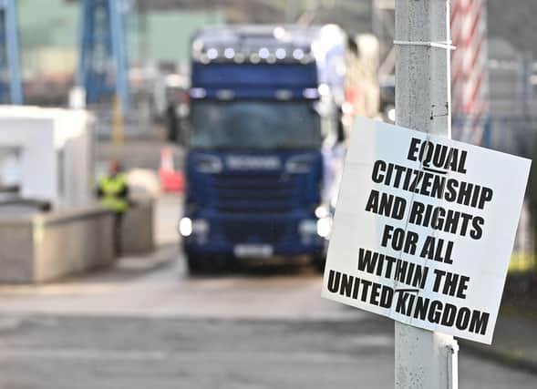 An anti-Protocol placard at Larne Port earlier this year. Loyalist commentator Jamie Bryson believes the problems with the Northern Ireland Protocol  have created a ‘thirst for knowledge’ on constitutional law among a new generation of unionists/loyalists
