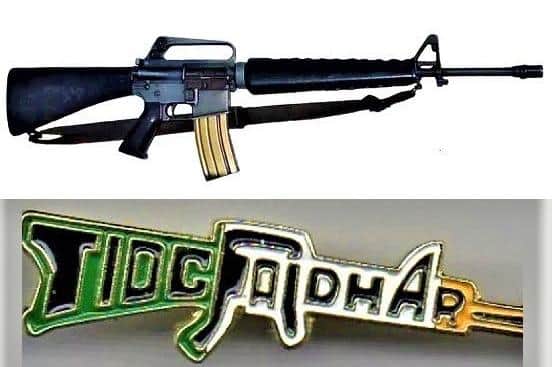 An Armalite rifle and a badge formerly sold by Sinn Fein