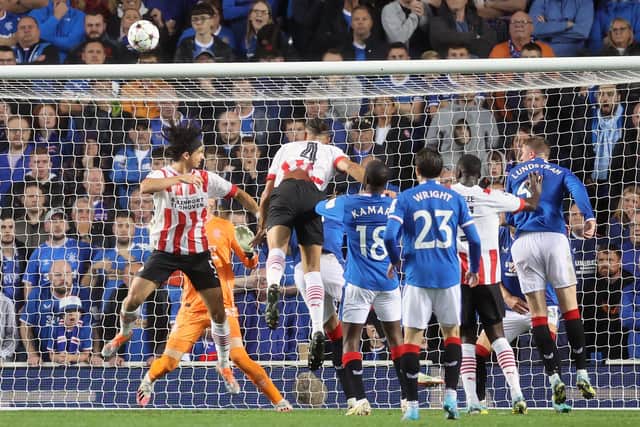 PSV Eindhoven's Armando Obispo (4) scores their side's second goal of the game during the Champions League qualifying match at Ibrox, Glasgow. Picture date: Tuesday August 16, 2022.