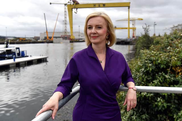 Liz Truss in Belfast harbour yesterday on her visit for the NI Tory hustings. There is a way for her to achieve her aims over the Protocol and force the EU to the table
