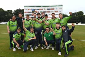 Ireland captain Andrew Balbirnie lifts the trophy with teammates following the win over Afghanistan