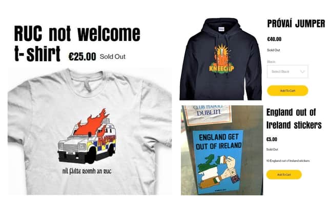 Merchandise for sale on the website of the band Kneecap, who performed on Friday; the burning PSNI jeep has now been painted on a west Belfast wall as a mural, unveiled by the band before its Feile performance, while top right is a man in a tricolour balaclava with a petrol bomb, joint, and bottle of Buckfast