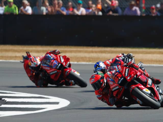 Lenovos Ducati's Peco Bagnaia heads to victory at the Monster Energy British Grand Prix at Silverstone. Second was Aprilia's Maverick Vinales with Lenovos Ducati's Jack Miller third.