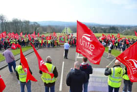 Unite workers during a rally at Stormont earlier this year.