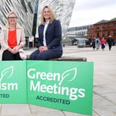 Jac Callan, sustainability and impact manager of Visit Belfast and Denise Kennedy, Titanic Belfast’s head of operations and chair of the internal sustainability action team are pictured as it’s announced that Titanic Belfast has become the first organisation on the island of Ireland to receive Silver Awards for the Green Tourism and Green Meetings accreditations