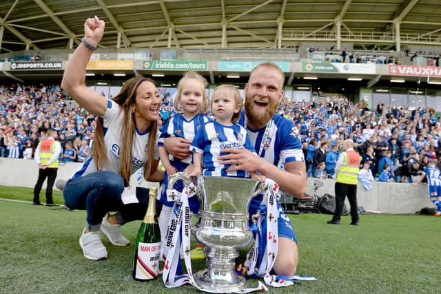 Gareth McConaghie celebrates Coleraine's 2018 Irish Cup win with his family