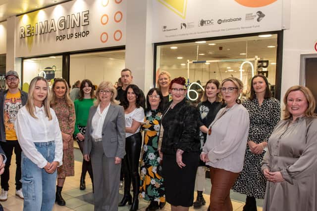 The Mayor Alderman Graham Warke pictured with designers makers, as he offically opened the RE:Imagine Pop Up Shop on Level 3 in Foyleside Shopping Centre