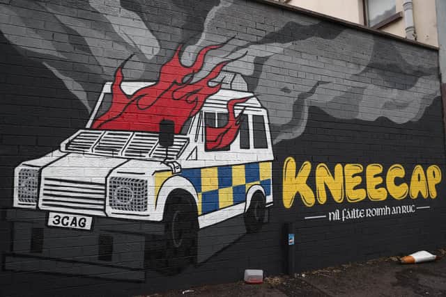 Irish language rap group Kneecap's mural of a burning police Land Rover on Hawthorn Street in Belfast. There have been calls for political leadership after a series of incidents across the weekend, including pro-IRA chants at a concert in west Belfast. Photo by Liam McBurney/PA