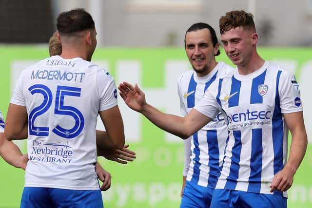 Conor McDermott (left) and Matthew Shevlin (right) linked up to help Coleraine cruise past Portadown at Shamrock Park. Pic by Pacemaker.