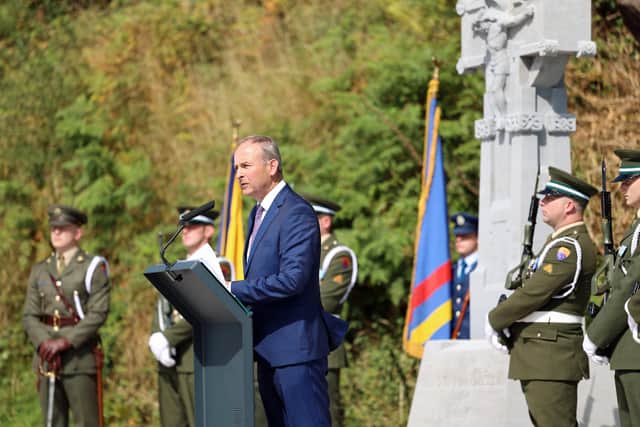Taoiseach Micheal Martin speaking at Beal na Blath in West Cork, at the centenary commemoration of the death of Irish revolutionary Michael Collins