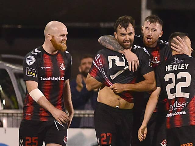 Jonathan McMurray celebrates his late winner for Crusaders against Portadown. Picture By: Arthur Allison/Pacemaker Press