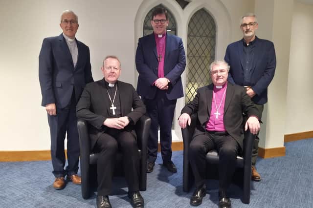 Irish church leaders (back from left)  The Right Reverend Dr John Kirkpatrick, moderator of the General Assembly of the Presbyterian Church in Ireland, Right Reverend Andrew Forster, president of the Irish Council of Churches, Reverend David Nixon, president of the Methodist Church in Ireland. Seated (left to right) The Most Reverend Eamon Martin, Roman Catholic archbishop of Armagh and primate of All Ireland and the Most Reverend John McDowell, Church of Ireland archbishop of Armagh and primate of All Ireland
