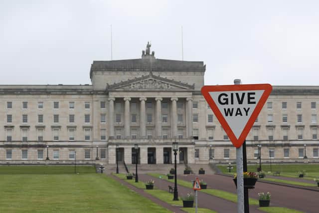 A Give Way sign at Parliament Buildings at Stormont
