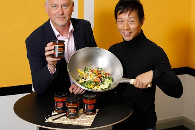 Vincent Tsang, who has created two healthy, vegan friendly and gluten-free Chinese bottled sauces with the support of Stephen Ellis, innovation manager at Innovation Factory in West Belfast