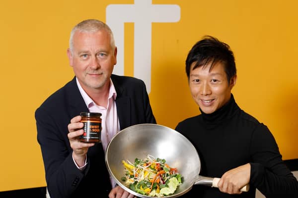 Stephen Ellis and Vincent Tsang with the selection of healthy Chinese sauces