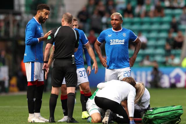 Alfredo Morelos of Rangers pictured after the incident that earned him a red card during the Cinch Scottish Premiership match against Hibs