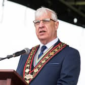 The Sovereign Grand Master Rev William Anderson speaking during the religious service held at Scarva for the Royal Black Institutions annual parade and sham fight. (Photo by Graham Baalham-Curry)
