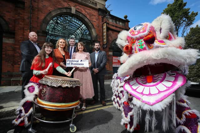 Peter McVerry, U105, Fiona Simpson, Amazon Web Services, Christopher Morrow, NI Chamber, Ann McGregor, NI Chamber, councillor Gareth Spratt, Belfast City Council and performers from Belfast Mela, who will be providing entertainment at NI Chamber’s Festival of Business