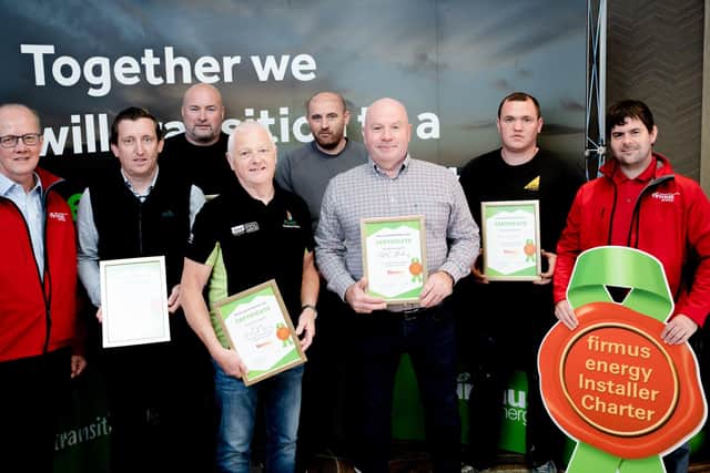 Northern Ireland gas installers are presented with their firmus energy installer charter by advisors David Ramsey and Barry Cassidy. Some of the Londonderry-based installers who gained their accreditation include DM Gas, JH Plumbing & Heating, P Lynch Plumbing & Heating, MCB Gas, H&A, ESK Boiler Services and SMC Plumbing
