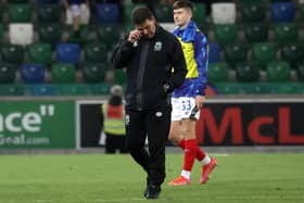 Linfield boss David Healy looks dejected after the UEFA Europa Conference League play-off defeat to RFS at Windsor Park last night