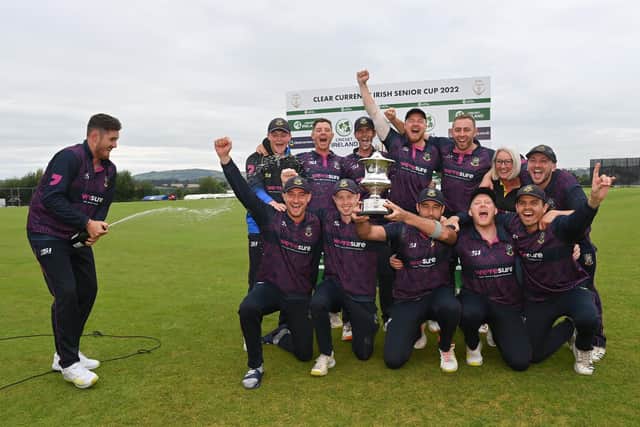 CIYMS celebrate after the Clear Currency Irish Senior Cup Final match between Lisburn and CIYMS at Bready Cricket Club. Photo by Ramsey Cardy/Sportsfile