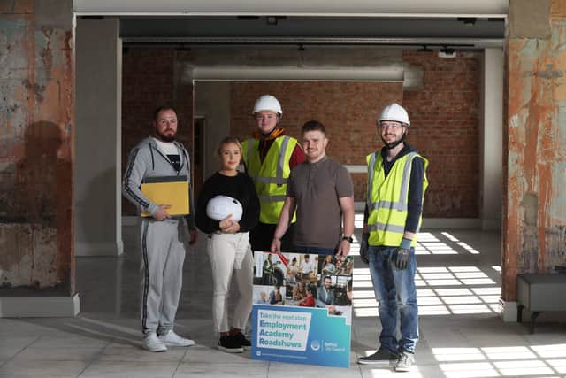 Cllr Ryan Murphy, chair of Belfast City Council’s City Growth and Regeneration Committee with Employment Academy participants Ciana Bradley, Conor Walsh, Eoghan McDonald and Christopher Armstrong ahead of the council’s upcoming ‘Take the Next Step’ Employment Academies Roadshows